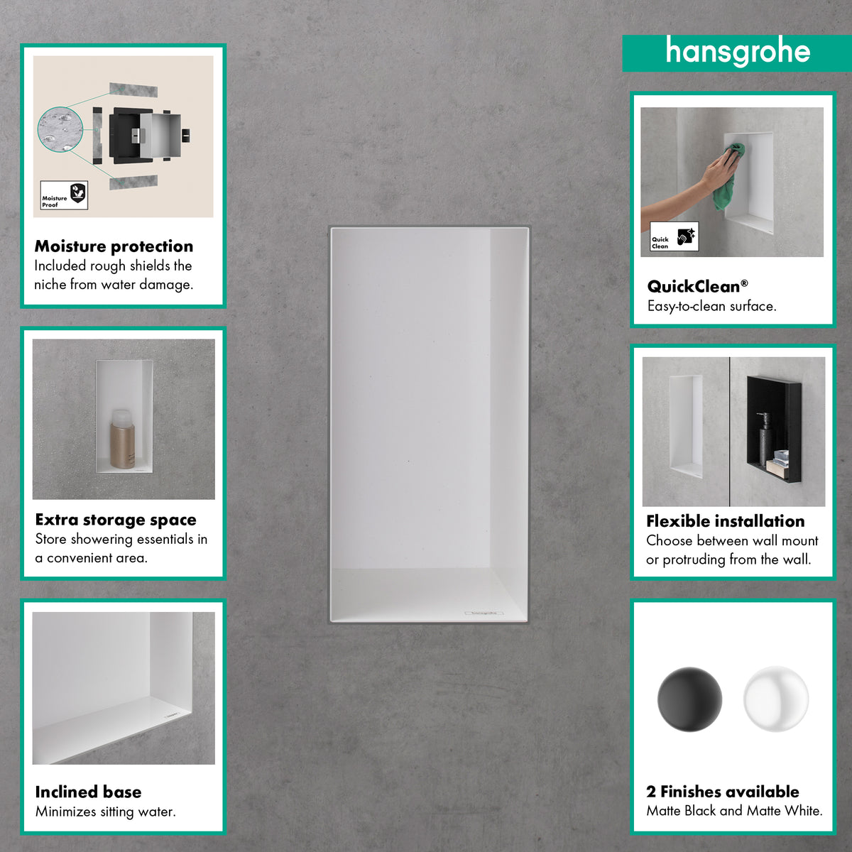 HANSGROHE 56070700 XtraStoris Minimalistic Wall Niche with Open Frame 12"x 6"x 4" - Matte White