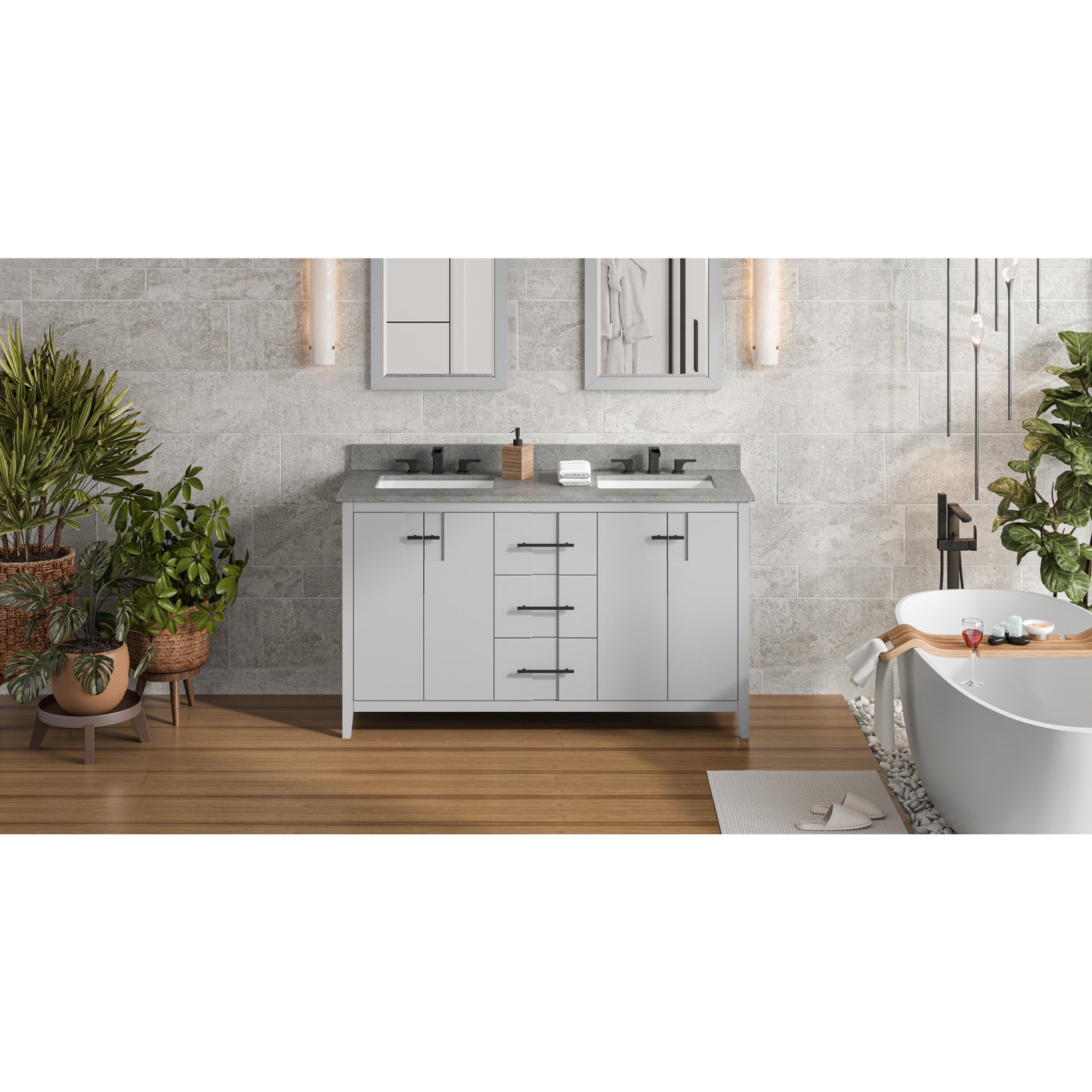 JEFFREY ALEXANDER VKITKAT60GRSGR 60" Grey Katara Vanity, double bowl, Steel Grey Cultured Marble Vanity Top, two undermount rectangle bowls , Grey