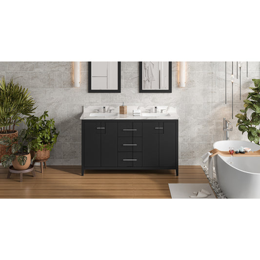 JEFFREY ALEXANDER VKITKAT60BKCQR 60" Black Katara Vanity, double bowl, Calacatta Vienna Quartz Vanity Top, two undermount rectangle bowls , Black