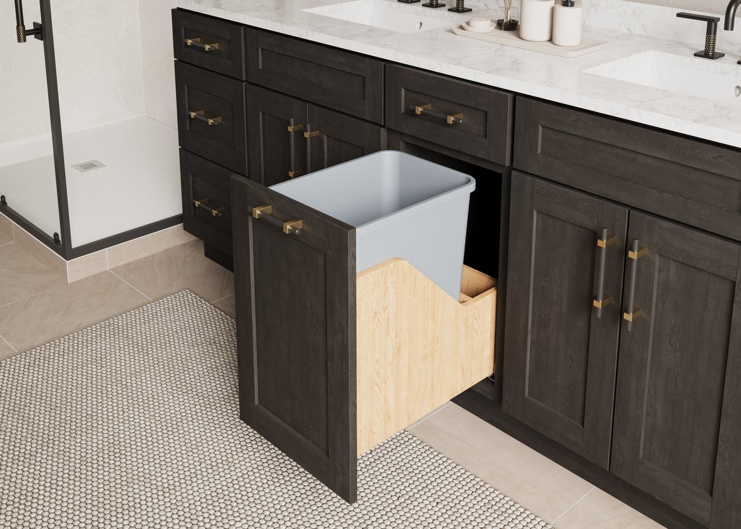 HARDWARE RESOURCES CDM-WBMS35VG Single 35 Quart Wood Bottom-Mount Soft-close Vanity Trashcan Rollout for Door Mounting, Includes One Grey Can - Grey