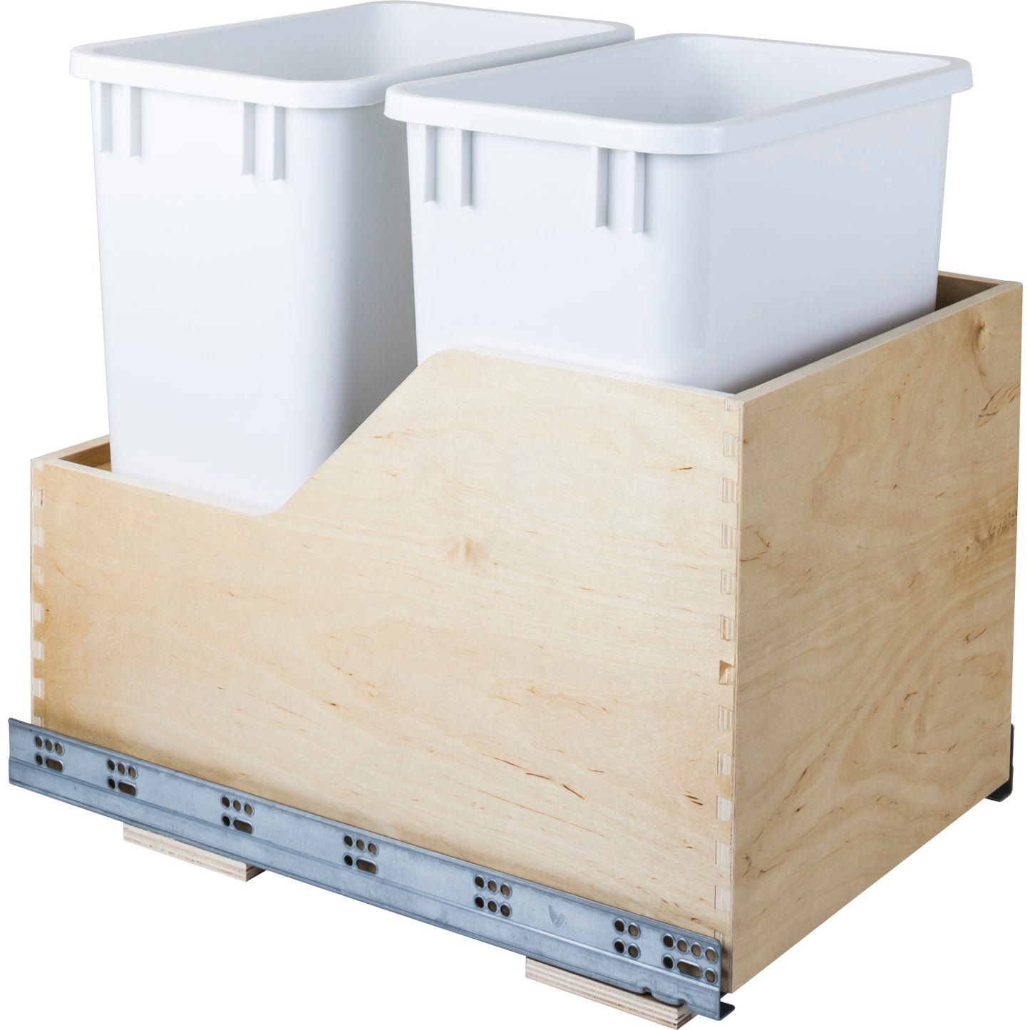 HARDWARE RESOURCES CAN-WBMD35WH Double 35 Quart Wood Bottom-Mount Soft-close Trashcan Rollout for Hinged Doors, Includes Two White Cans - White