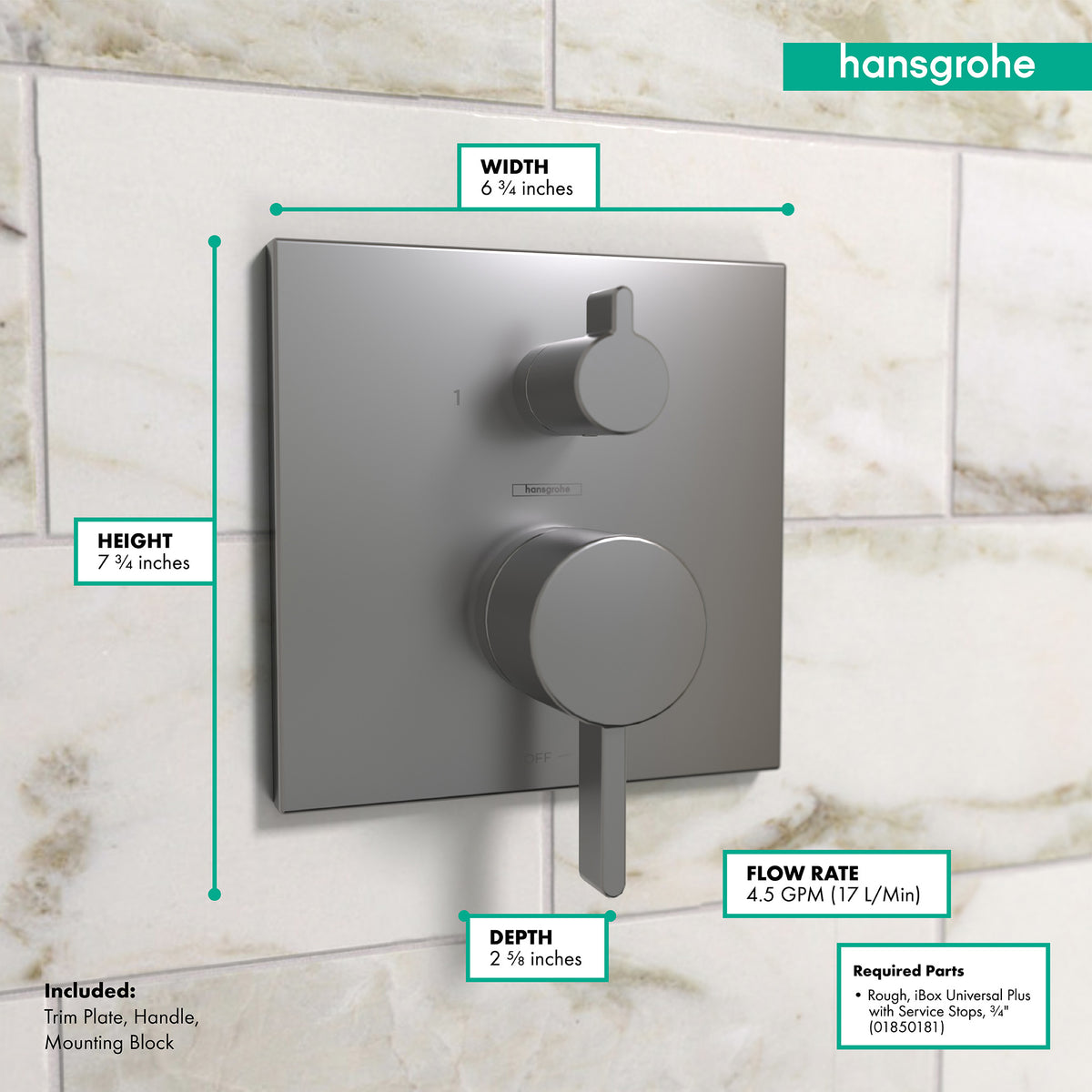 HANSGROHE 15862341 Ecostat Pressure Balance Trim Square with Diverter - Brushed Black Chrome