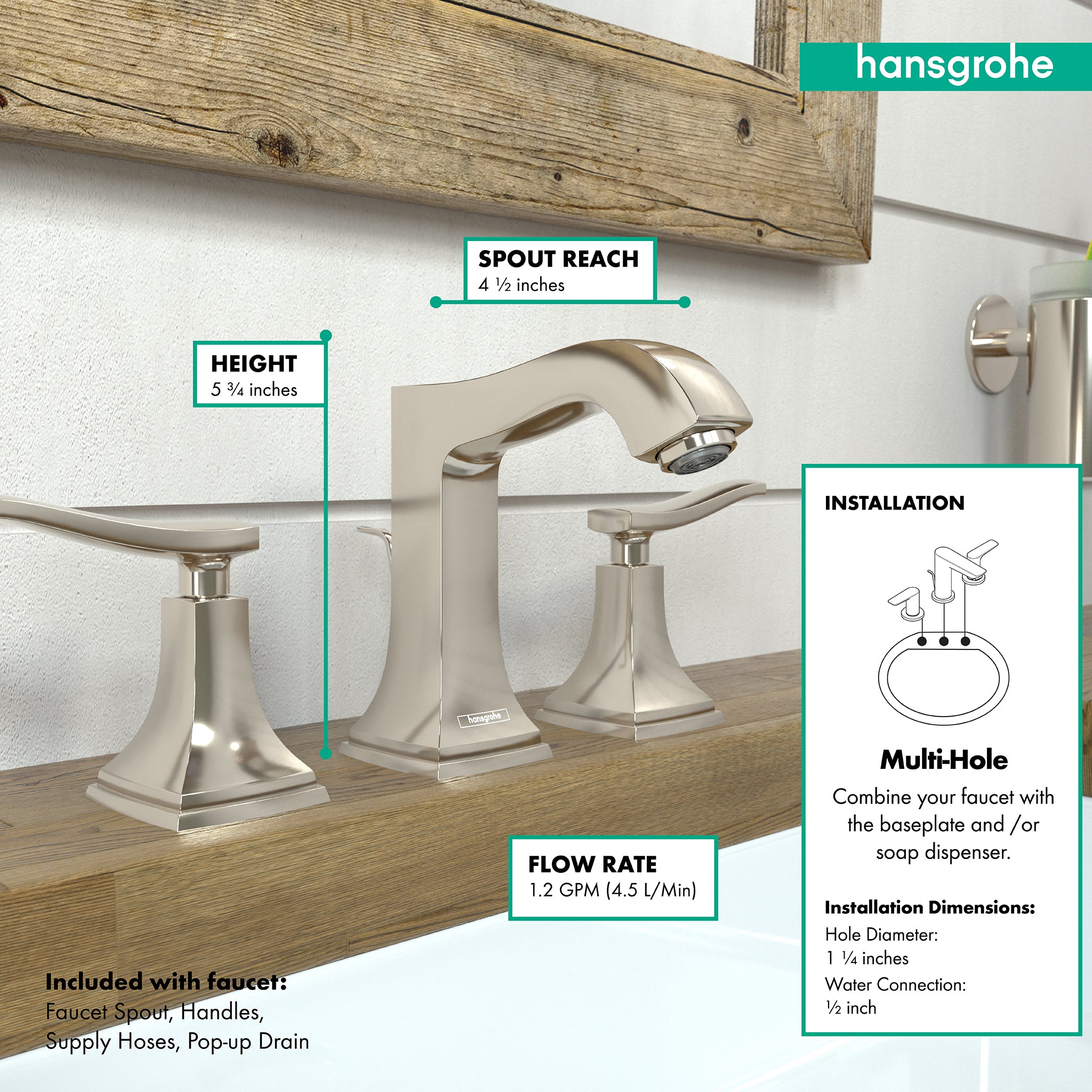 HANSGROHE 31330831 Metropol Classic Widespread Faucet 110 with Lever Handles and Pop-Up Drain, 1.2 GPM - Polished Nickel