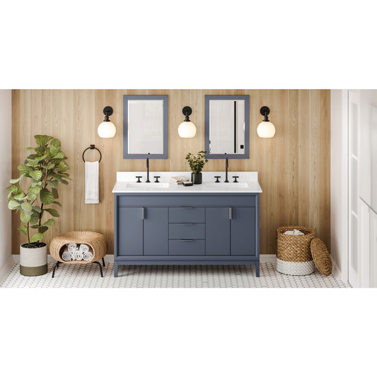 JEFFREY ALEXANDER VKITTHE60BSWQR 60" Blue Steel Theodora Vanity, double bowl, White Quartz Vanity Top, two undermount rectangle bowls - Blue Steel