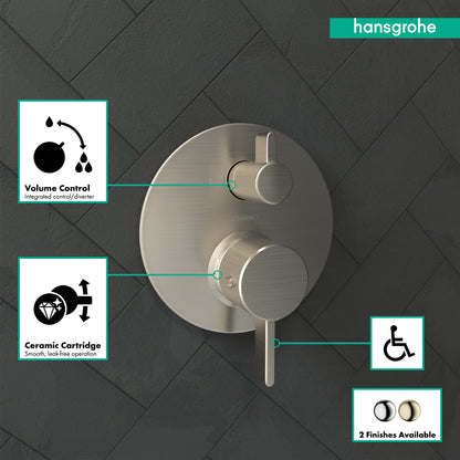 HANSGROHE 04231820 Ecostat Thermostatic Trim S with Volume Control and Diverter - Brushed Nickel