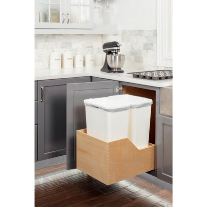 HARDWARE RESOURCES CAN-WBMD5018WH Double 50 Quart Wood Bottom-Mount Soft-close Trashcan Rollout for Hinged Doors, Includes Two White Cans - White