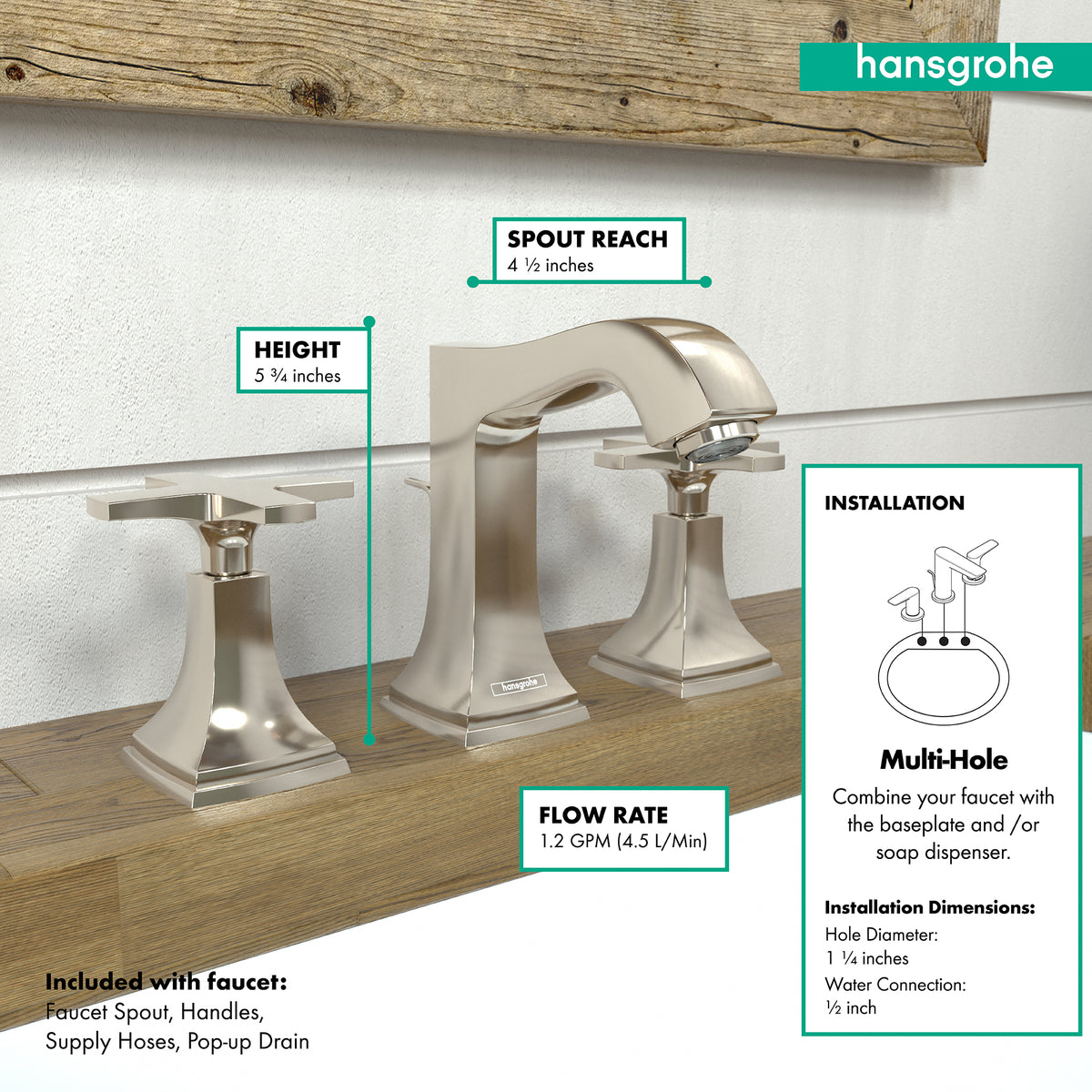 HANSGROHE 31306831 Metropol Classic Widespread Faucet 110 with Cross Handles and Pop-Up Drain, 1.2 GPM - Polished Nickel