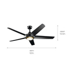 KICHLER 330089SBK Kapono 52 Inch Led Ceiling Fan In Satin Black With Frosted White Polycarbonate Lens