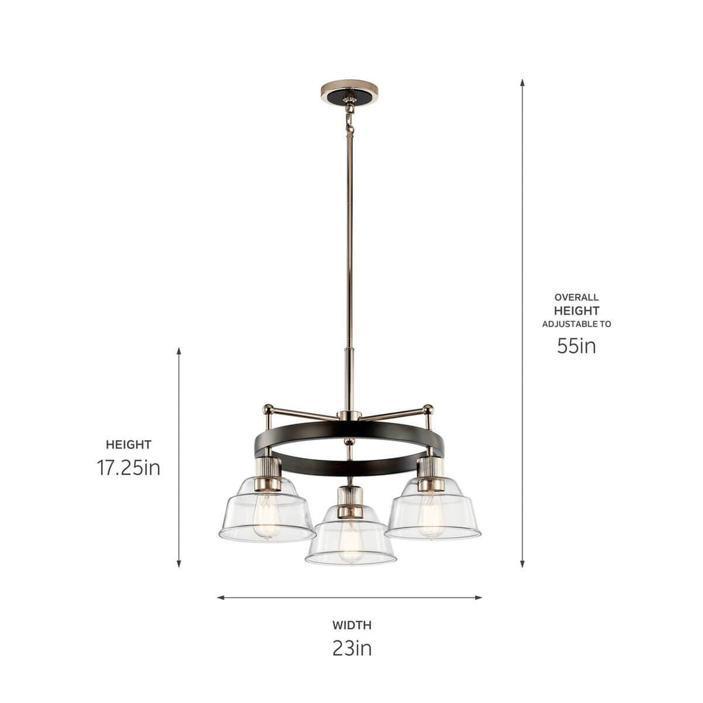 KICHLER 52402PN Eastmont 3 Light Chandelier With Clear Glass Polished Nickel And Walnut Wood