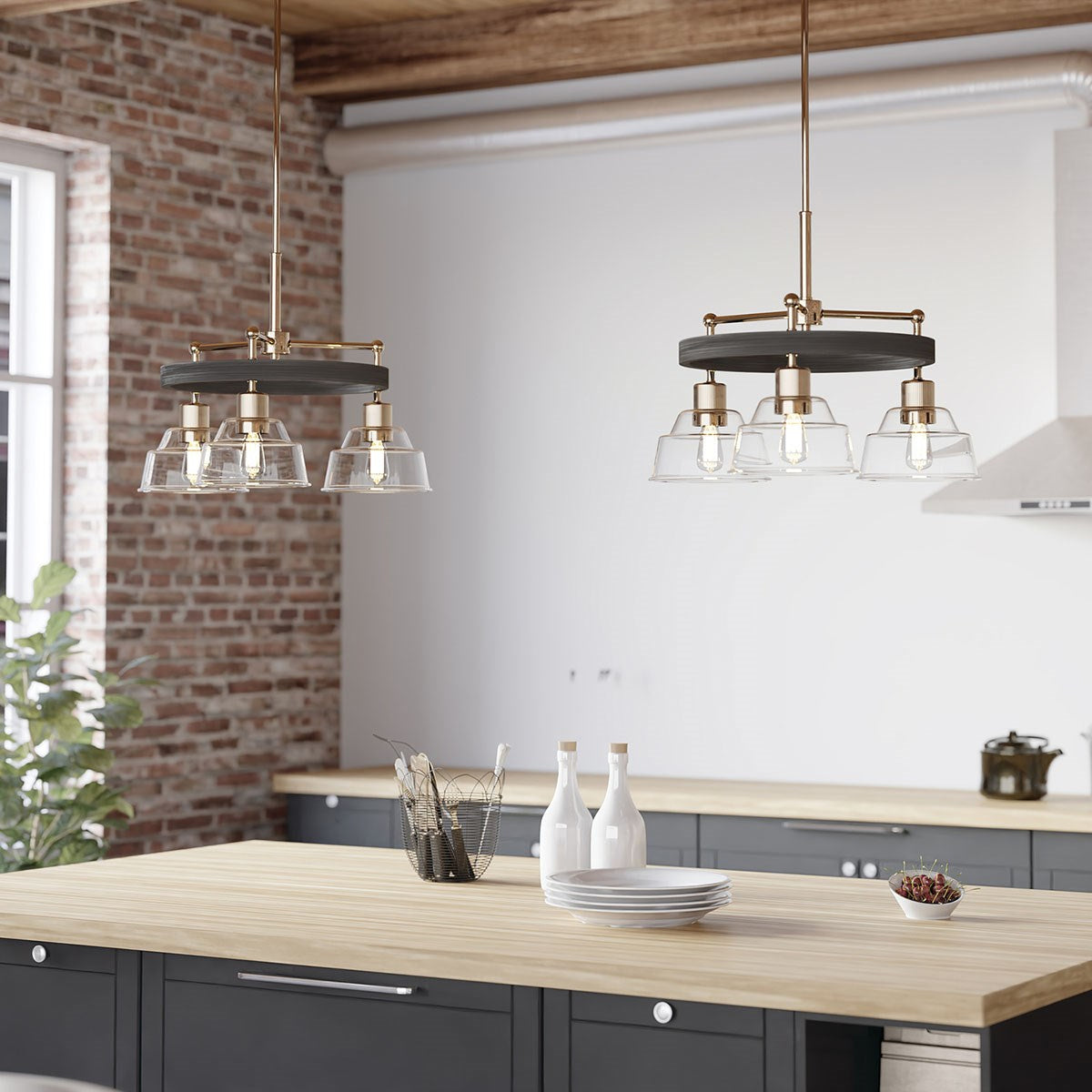 KICHLER 52402PN Eastmont 3 Light Chandelier With Clear Glass Polished Nickel And Walnut Wood