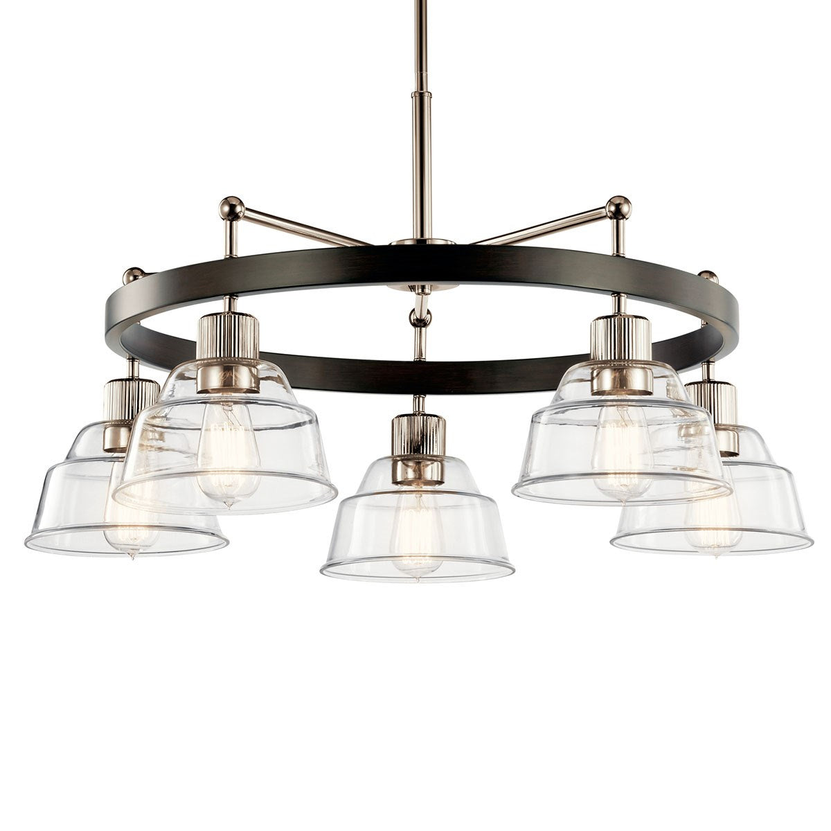 KICHLER 52403PN Eastmont 5 Light Chandelier With Clear Glass Polished Nickel And Walnut Wood