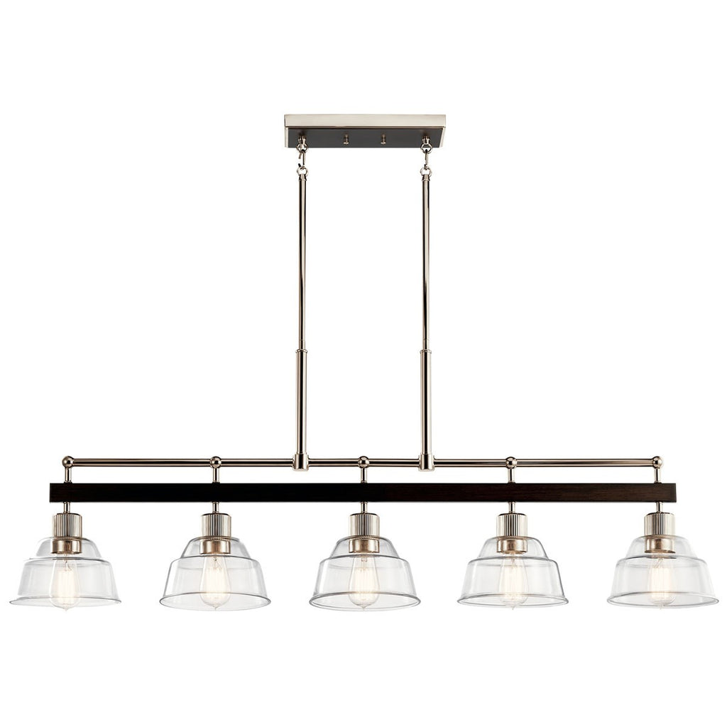 KICHLER 52404PN Eastmont 5 Light Linear Chandelier With Clear Glass Polished Nickel And Walnut Wood