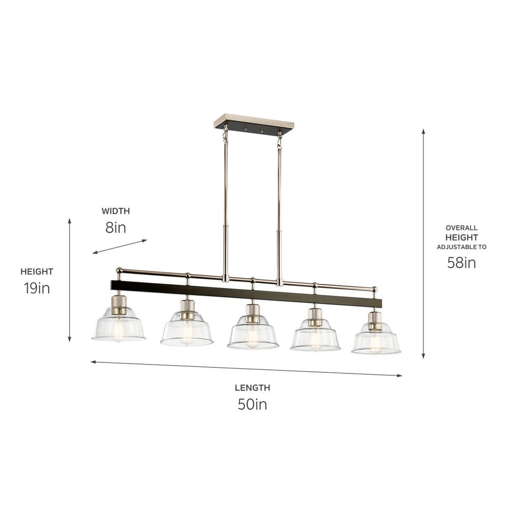 KICHLER 52404PN Eastmont 5 Light Linear Chandelier With Clear Glass Polished Nickel And Walnut Wood
