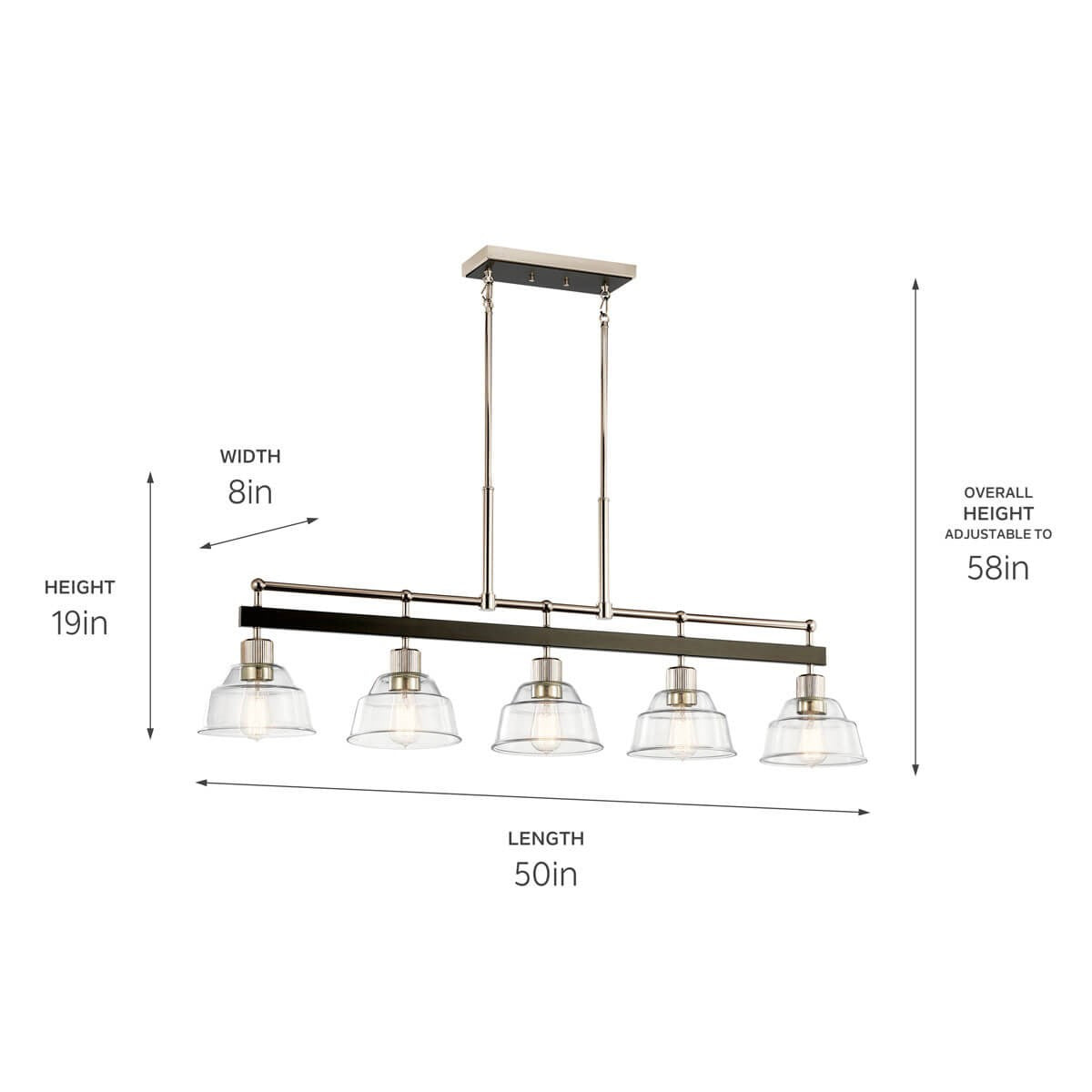 KICHLER 52404PN Eastmont 5 Light Linear Chandelier With Clear Glass Polished Nickel And Walnut Wood