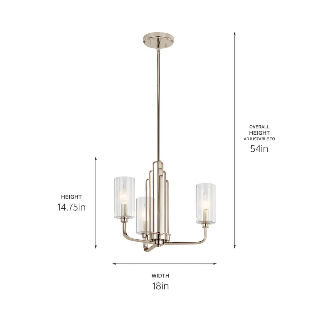 KICHLER 52410PN Kimrose 3 Light Chandelier With Clear Fluted Glass In Polished Nickel And Satin Nickel