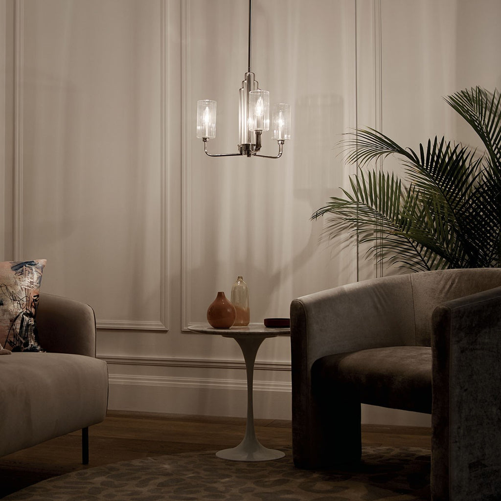 KICHLER 52410PN Kimrose 3 Light Chandelier With Clear Fluted Glass In Polished Nickel And Satin Nickel