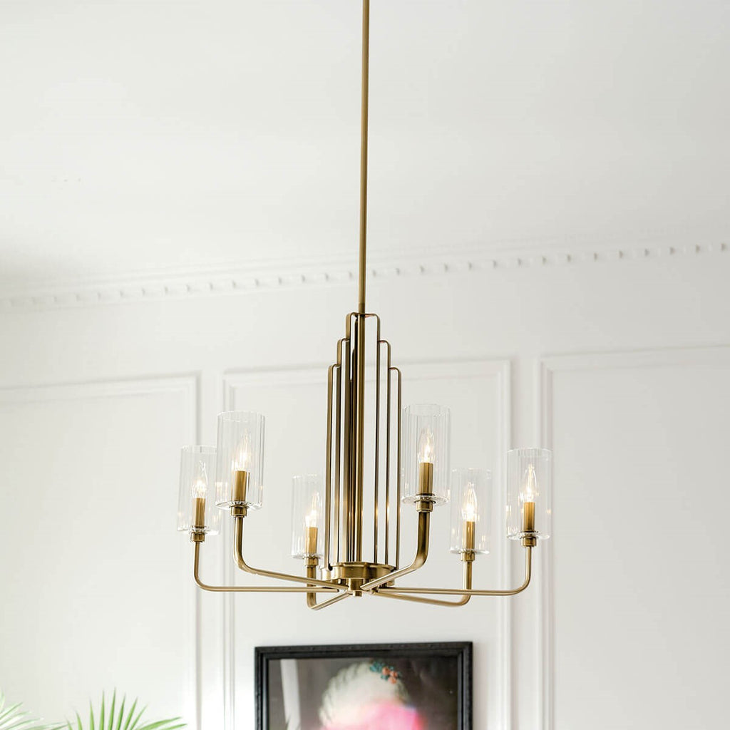 KICHLER 52411BNB Kimrose 6 Light Chandelier With Clear Fluted Glass In Brushed Natural Brass