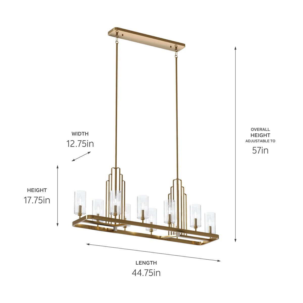 KICHLER 52413BNB Kimrose 10 Light Linear Chandelier With Clear Fluted Glass In Brushed Natural Brass