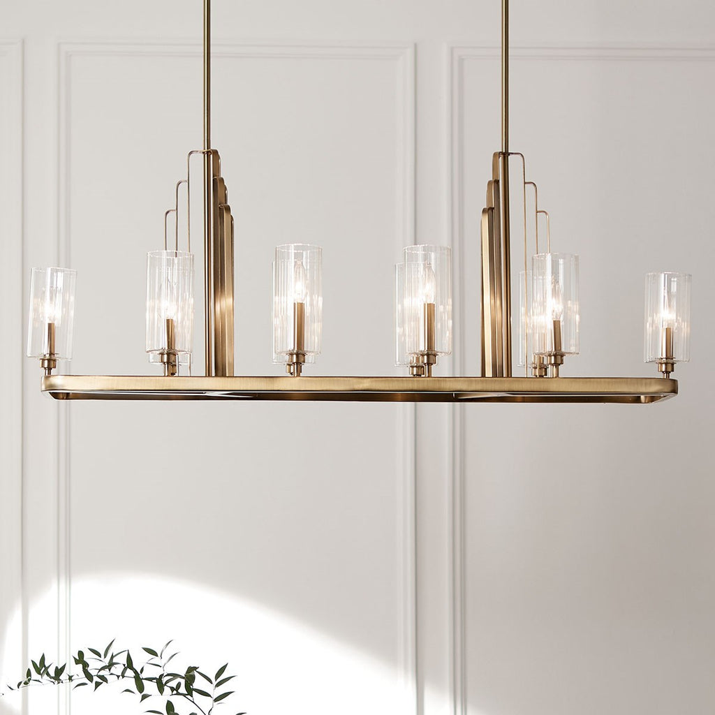 KICHLER 52413BNB Kimrose 10 Light Linear Chandelier With Clear Fluted Glass In Brushed Natural Brass
