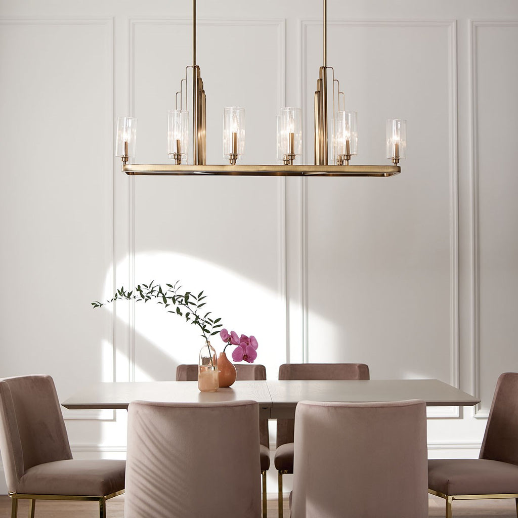 KICHLER 52413BNB Kimrose 10 Light Linear Chandelier With Clear Fluted Glass In Brushed Natural Brass