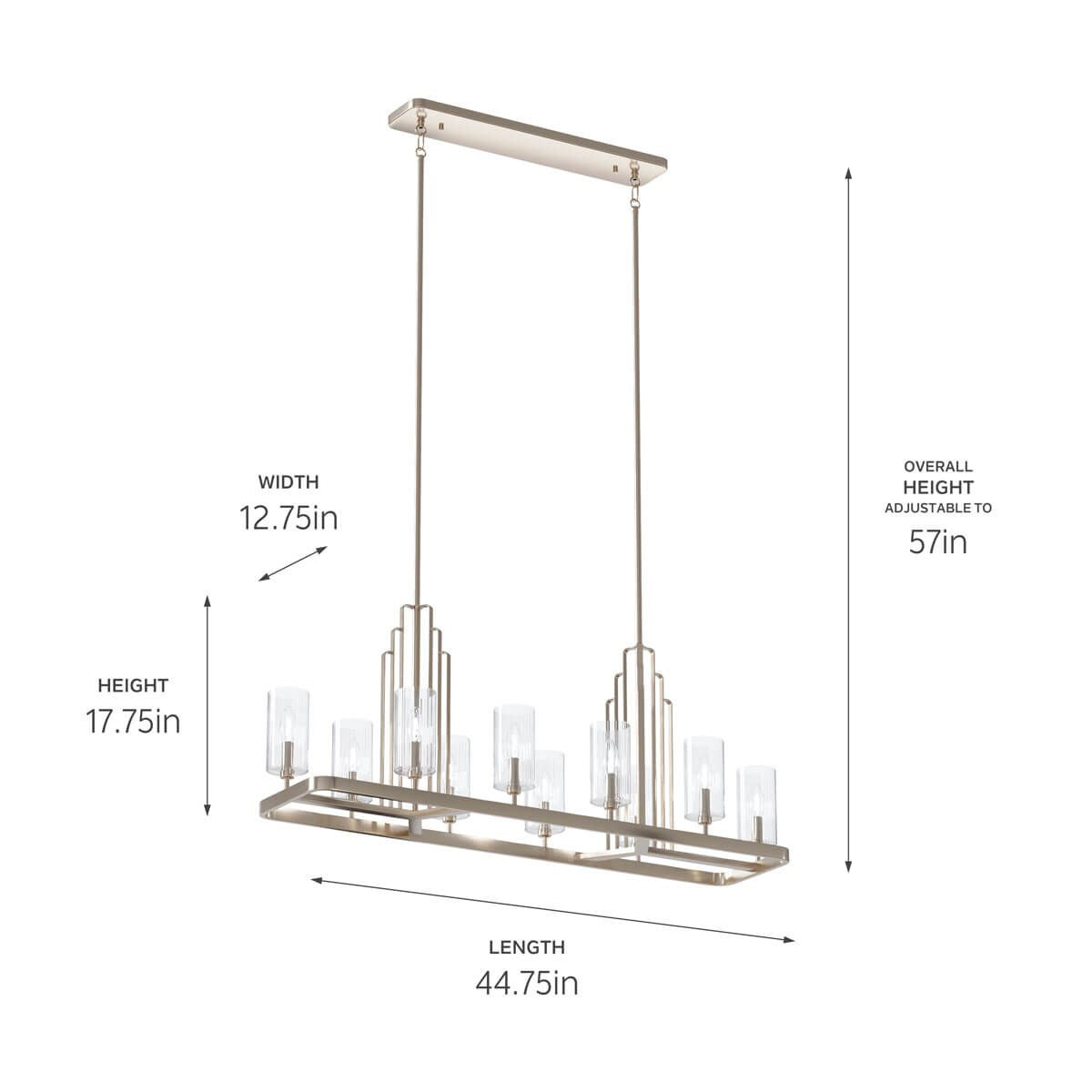 KICHLER 52413PN Kimrose 10 Light Linear Chandelier With Clear Fluted Glass In Polished Nickel And Satin Nickel