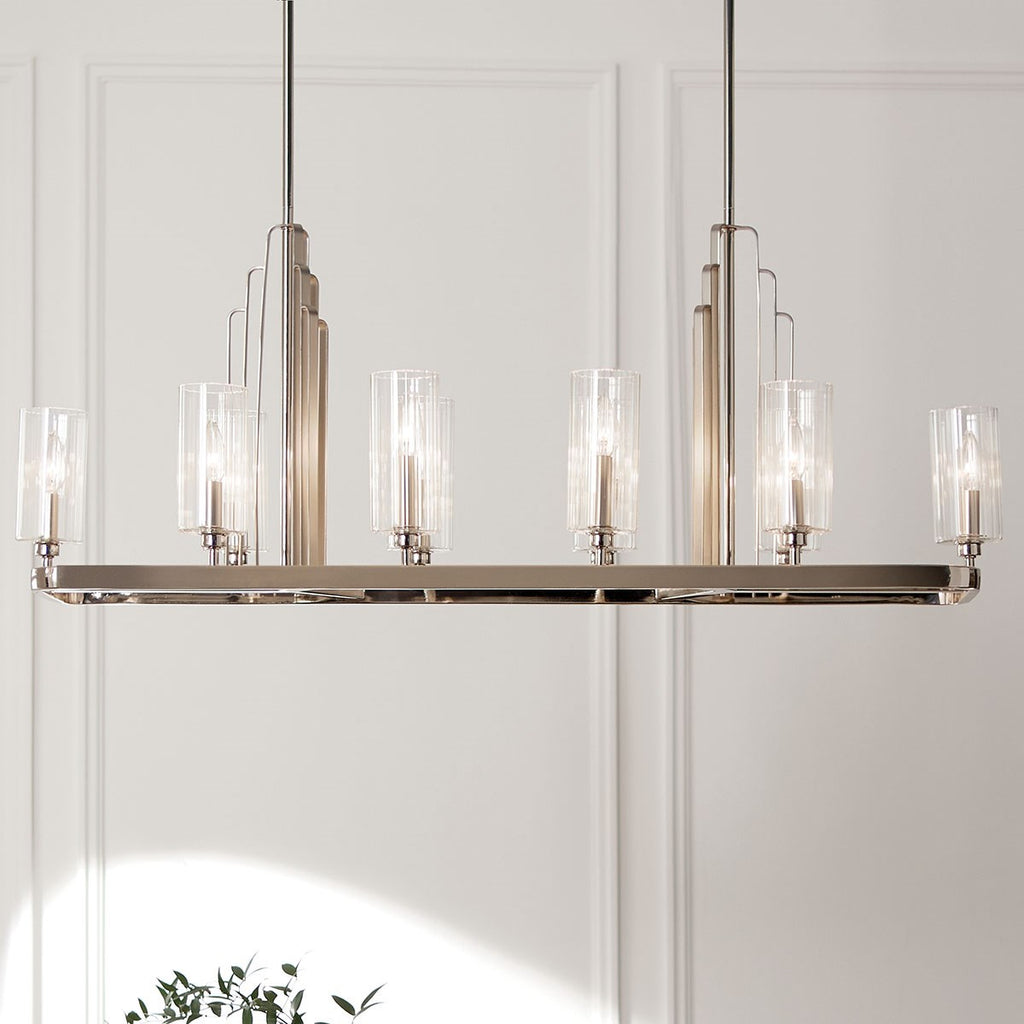 KICHLER 52413PN Kimrose 10 Light Linear Chandelier With Clear Fluted Glass In Polished Nickel And Satin Nickel