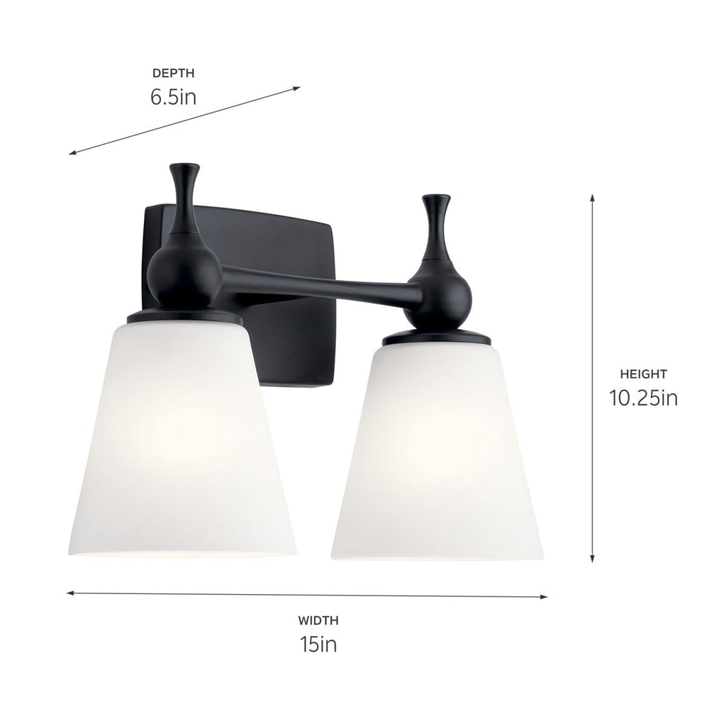 KICHLER 55091BK Cosabella 15" 2 Light Vanity Light With Etched White Glass Black