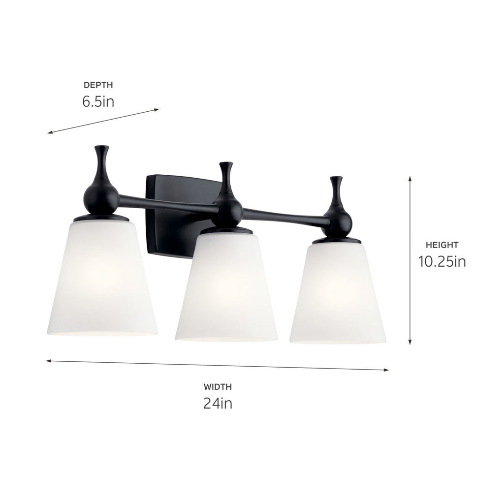 KICHLER 55092BK Cosabella 24" 3 Light Vanity Light With Etched White Glass Black