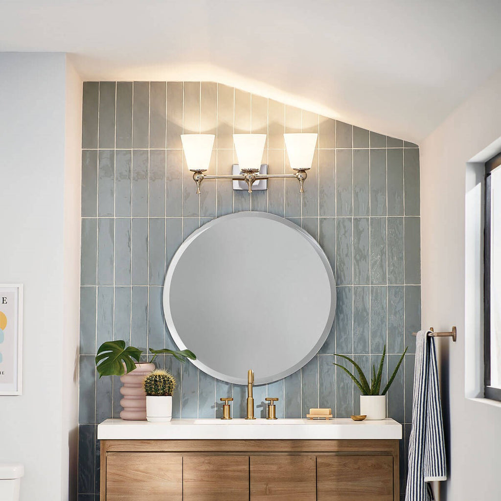KICHLER 55092PN Cosabella 24" 3 Light Vanity Light With Etched White Glass Polished Nickel