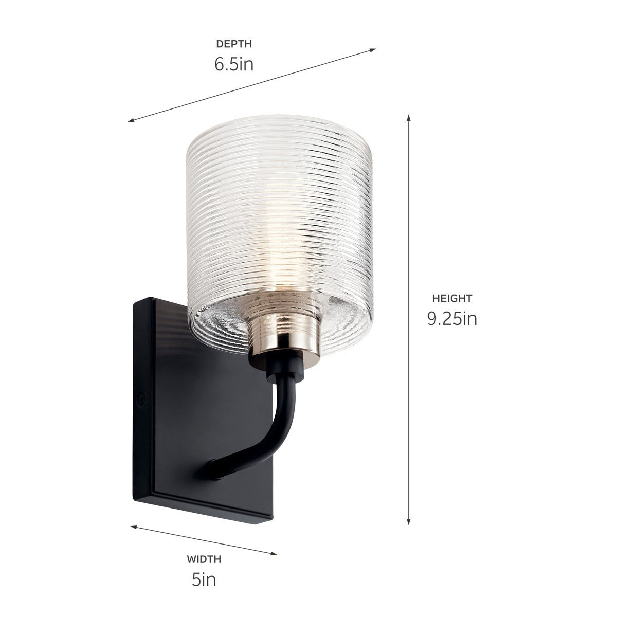 KICHLER 55105BK Harvan 9.25" 1 Light Wall Sconce with Clear Ribbed Glass Black