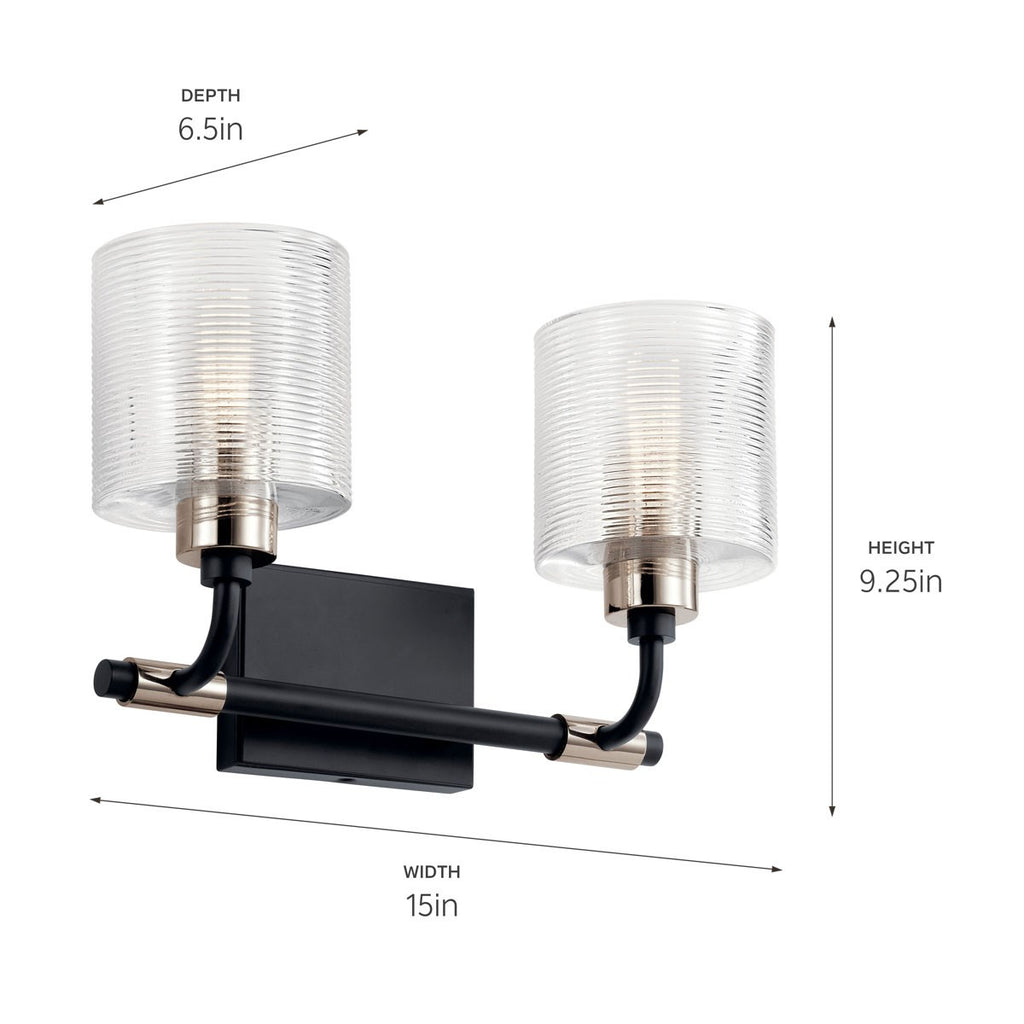 KICHLER 55106BK Harvan 15" 2 Light Vanity Light with Clear Ribbed Glass Black