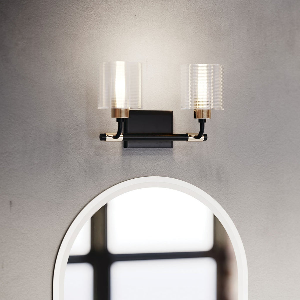 KICHLER 55106BK Harvan 15" 2 Light Vanity Light with Clear Ribbed Glass Black