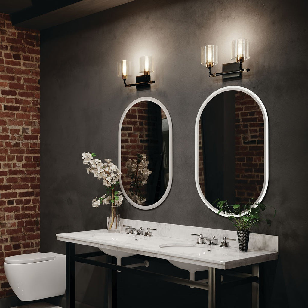 KICHLER 55106BK Harvan 15" 2 Light Vanity Light with Clear Ribbed Glass Black