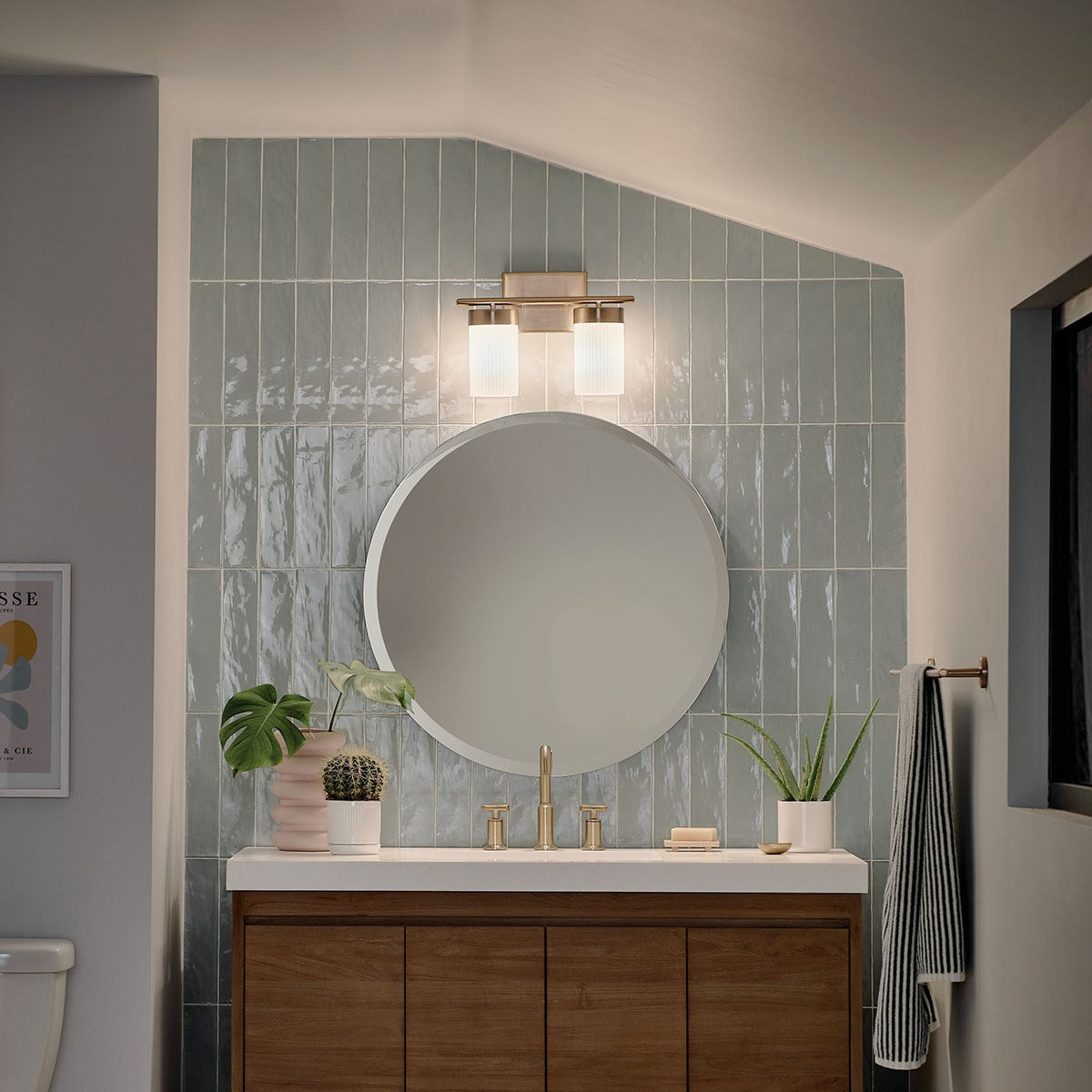 KICHLER 55111BNB Ciona 14.5" 2 Light Vanity Lighte With Round Ribbed Glass Brushed Natural Brass