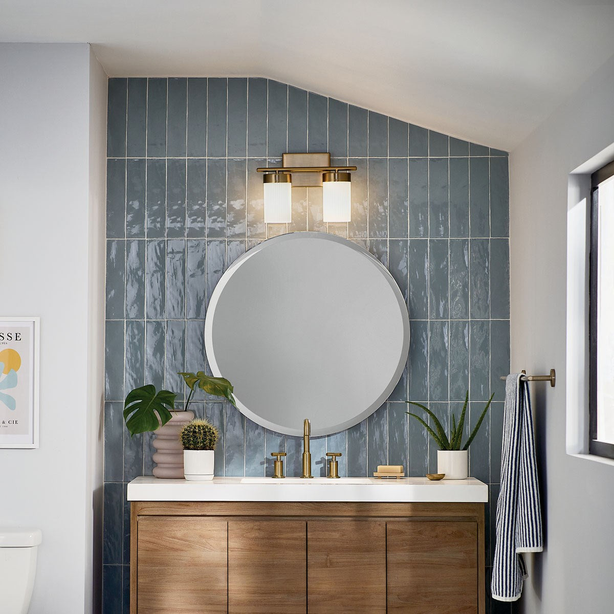 KICHLER 55111BNB Ciona 14.5" 2 Light Vanity Lighte With Round Ribbed Glass Brushed Natural Brass