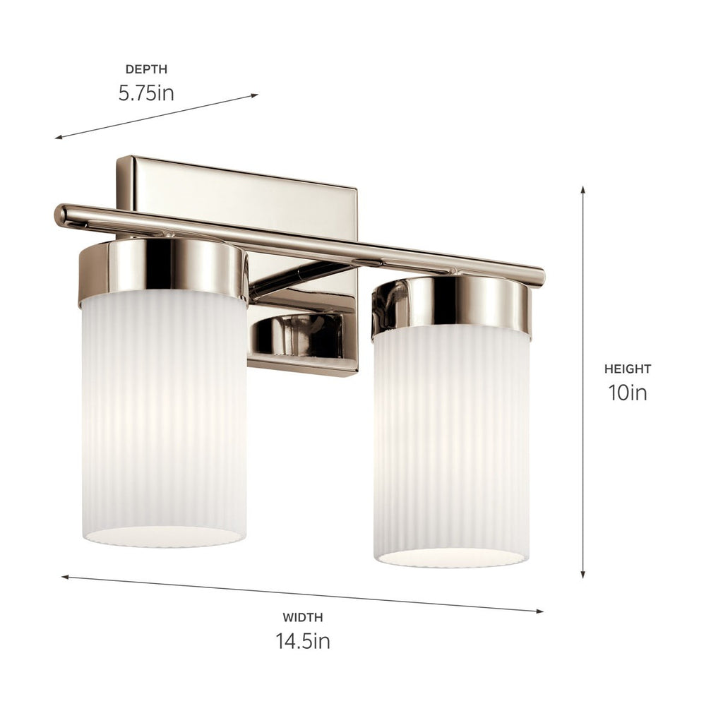 KICHLER 55111PN Ciona 14.5" 2 Light Vanity Light With Round Ribbed Glass Polished Nickel