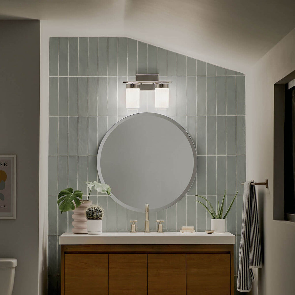 KICHLER 55111PN Ciona 14.5" 2 Light Vanity Light With Round Ribbed Glass Polished Nickel