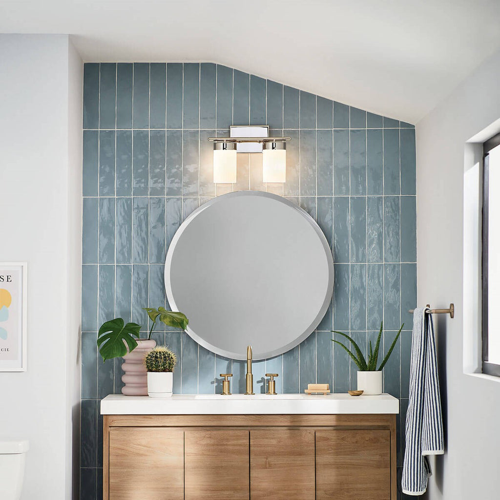 KICHLER 55111PN Ciona 14.5" 2 Light Vanity Light With Round Ribbed Glass Polished Nickel