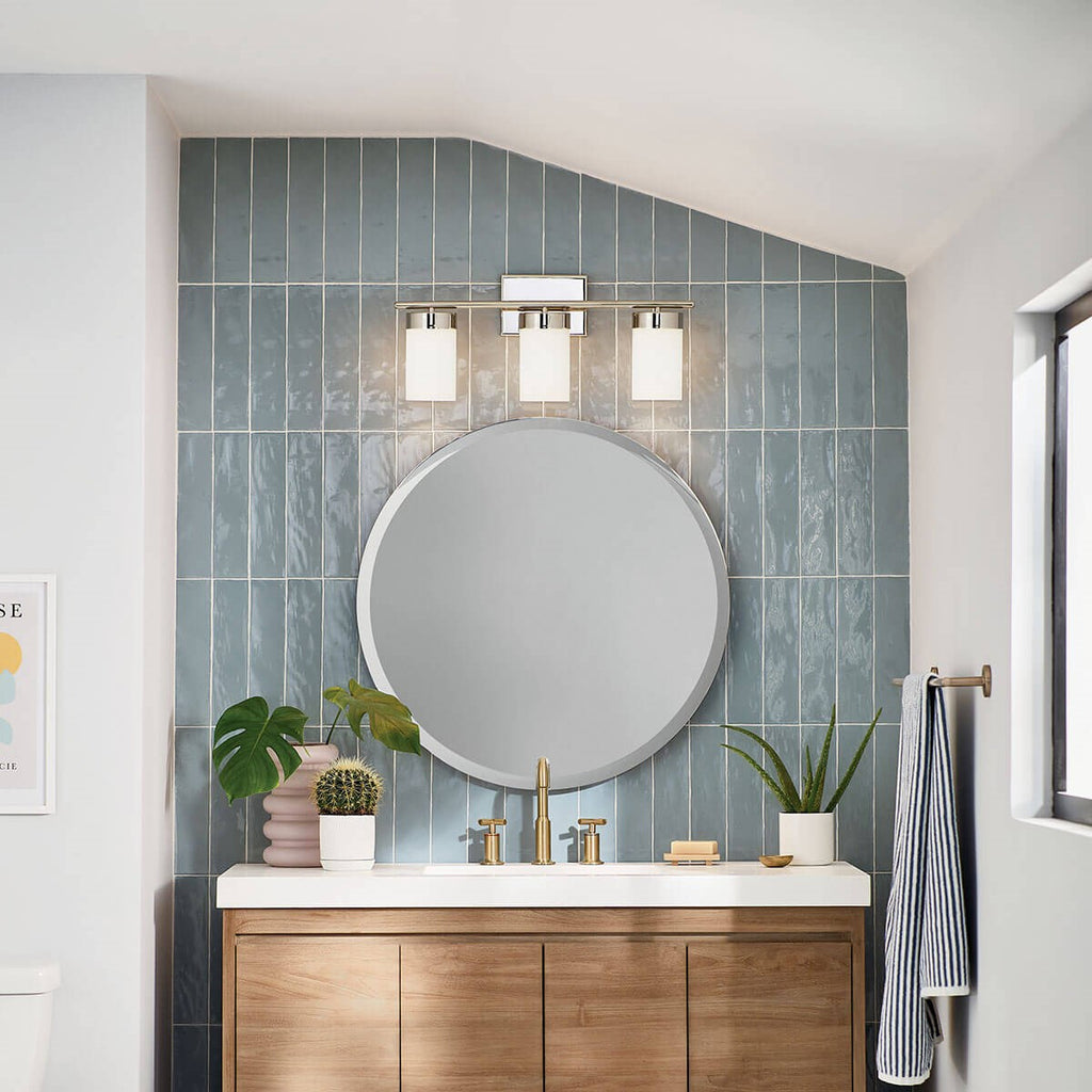 KICHLER 55112PN Ciona 24" 3 Light Vanity Light With Round Ribbed Glass Polished Nickel