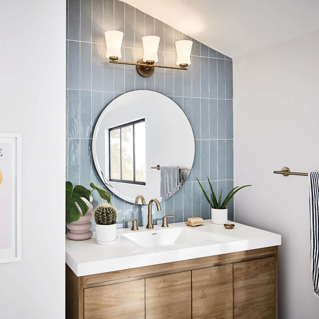 KICHLER 55117BNB Brianne 24.5" 3 Light Vanity Light with Satin Etched Cased Opal Glass Brushed Natural Brass