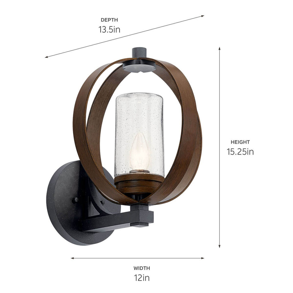 KICHLER 59067AUB The Grand Bank 15" 1 Light Outdoor Wall Light Auburn Stained Wood and Distressed Black Metal
