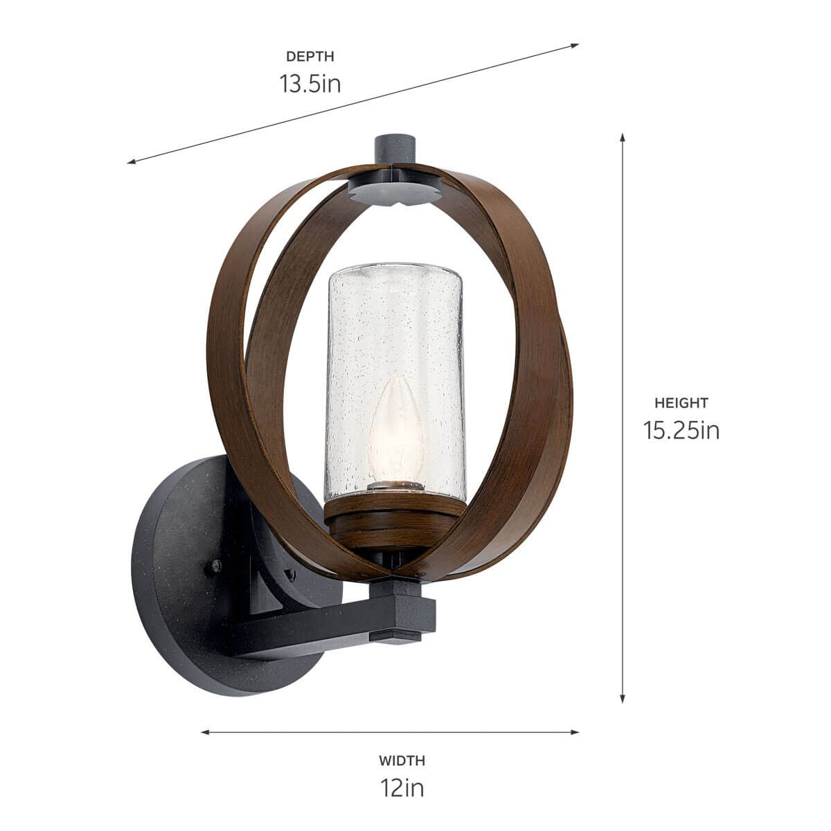 KICHLER 59067AUB The Grand Bank 15" 1 Light Outdoor Wall Light Auburn Stained Wood and Distressed Black Metal