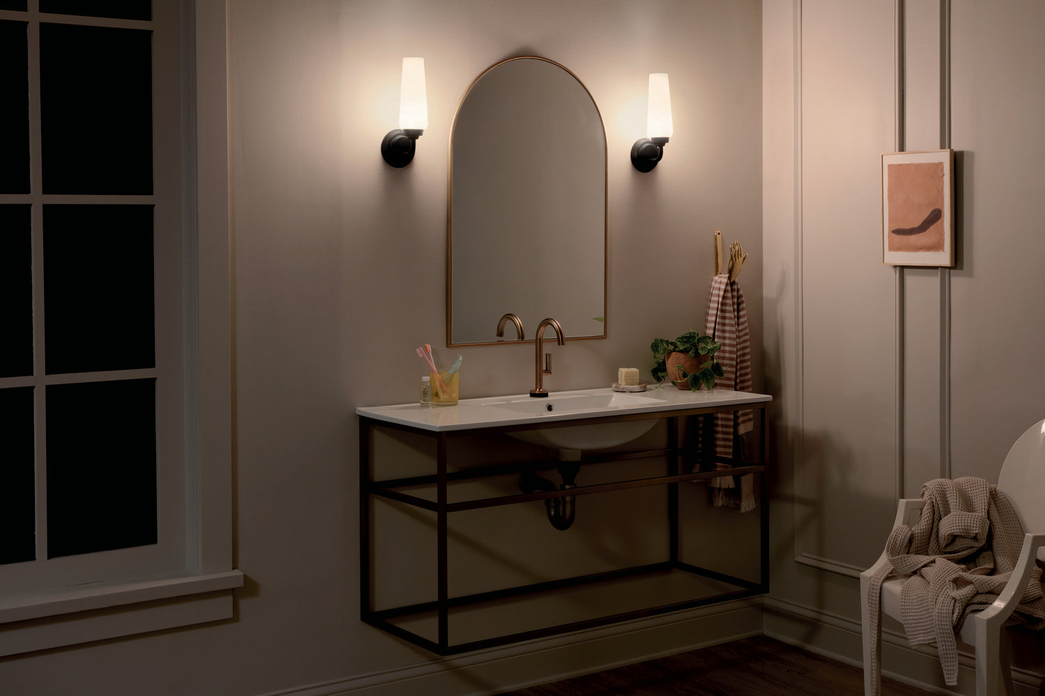 KICHLER 55073BK Truby 11.5" 1 Light Wall Sconce With Satin Etched Cased Opal Glass Polished Nickel