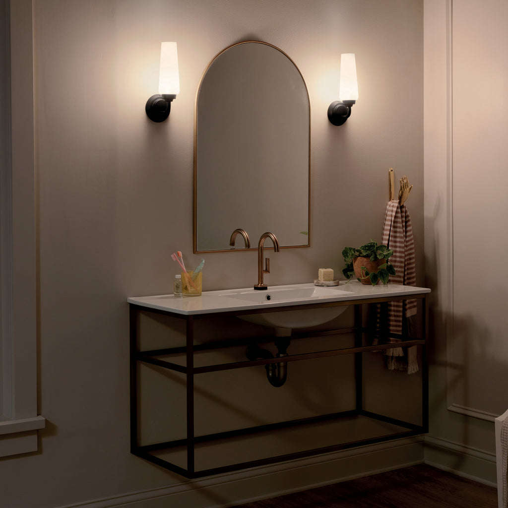 KICHLER 55073BK Truby 11.5" 1 Light Wall Sconce With Satin Etched Cased Opal Glass Polished Nickel