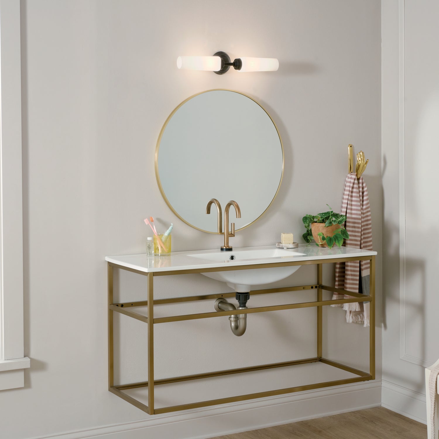 KICHLER 55074BK Truby 19.75" 2 Light Vanity Light With Satin Etched Cased Opal Glass Polished Nickel