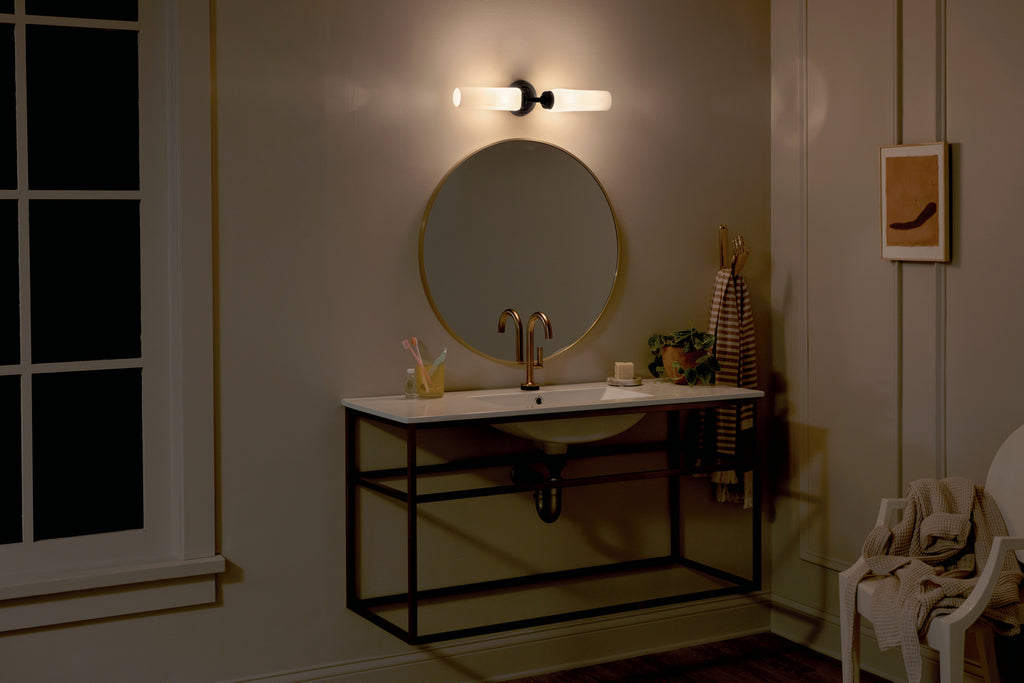 KICHLER 55074BK Truby 19.75" 2 Light Vanity Light With Satin Etched Cased Opal Glass Polished Nickel