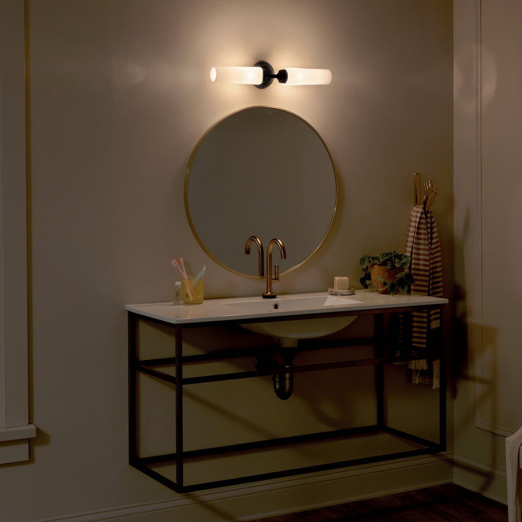 KICHLER 55074BK Truby 19.75" 2 Light Vanity Light With Satin Etched Cased Opal Glass Polished Nickel