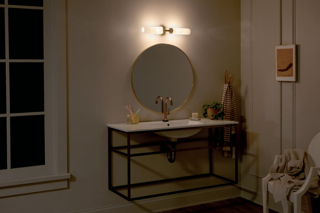 KICHLER 55074CPZ Truby 19.75" 2 Light Vanity Light With Satin Etched Cased Opal Glass Polished Nickel