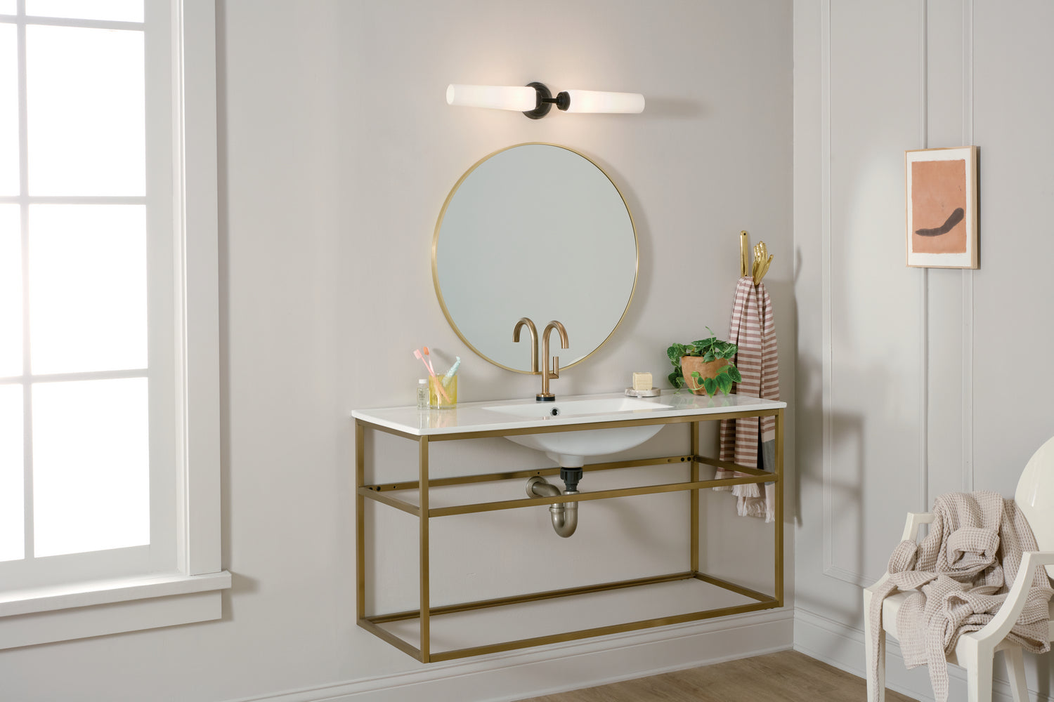 KICHLER 55075BK Truby 24.75" 2 Light Vanity Light With Satin Etched Cased Opal Glass Polished Nickel