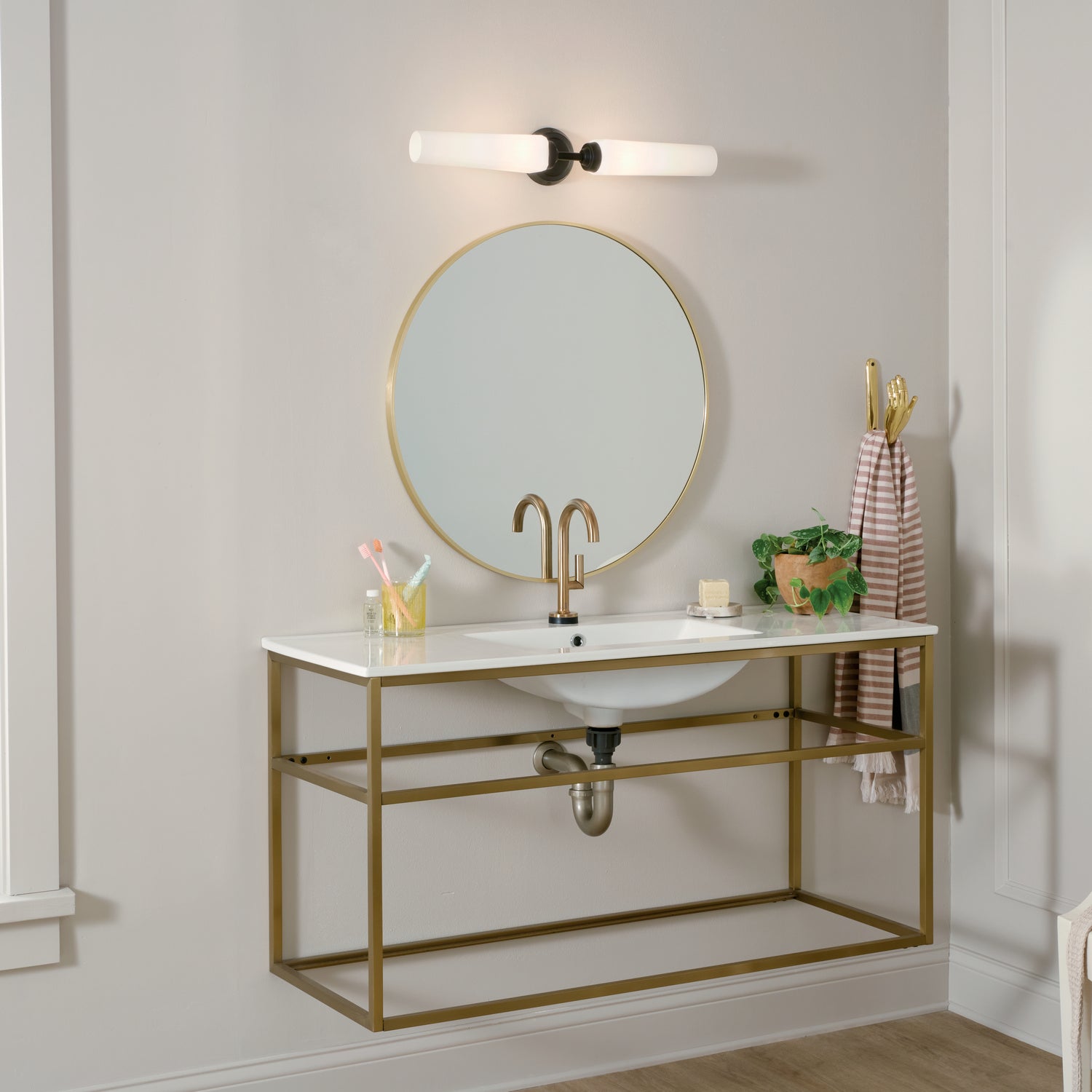 KICHLER 55075BK Truby 24.75" 2 Light Vanity Light With Satin Etched Cased Opal Glass Polished Nickel